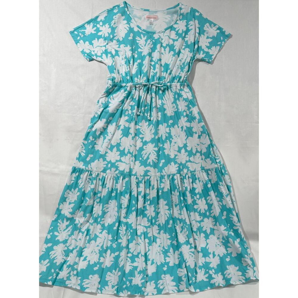 Stan Herman Dress Happy Days 100% Cotton Tiered Dress Aqua Size Small 048